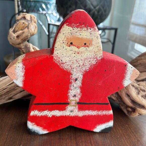 Hand Painted Tole Santa on Freeform Wood Star Christmas decor - Picture 1 of 8